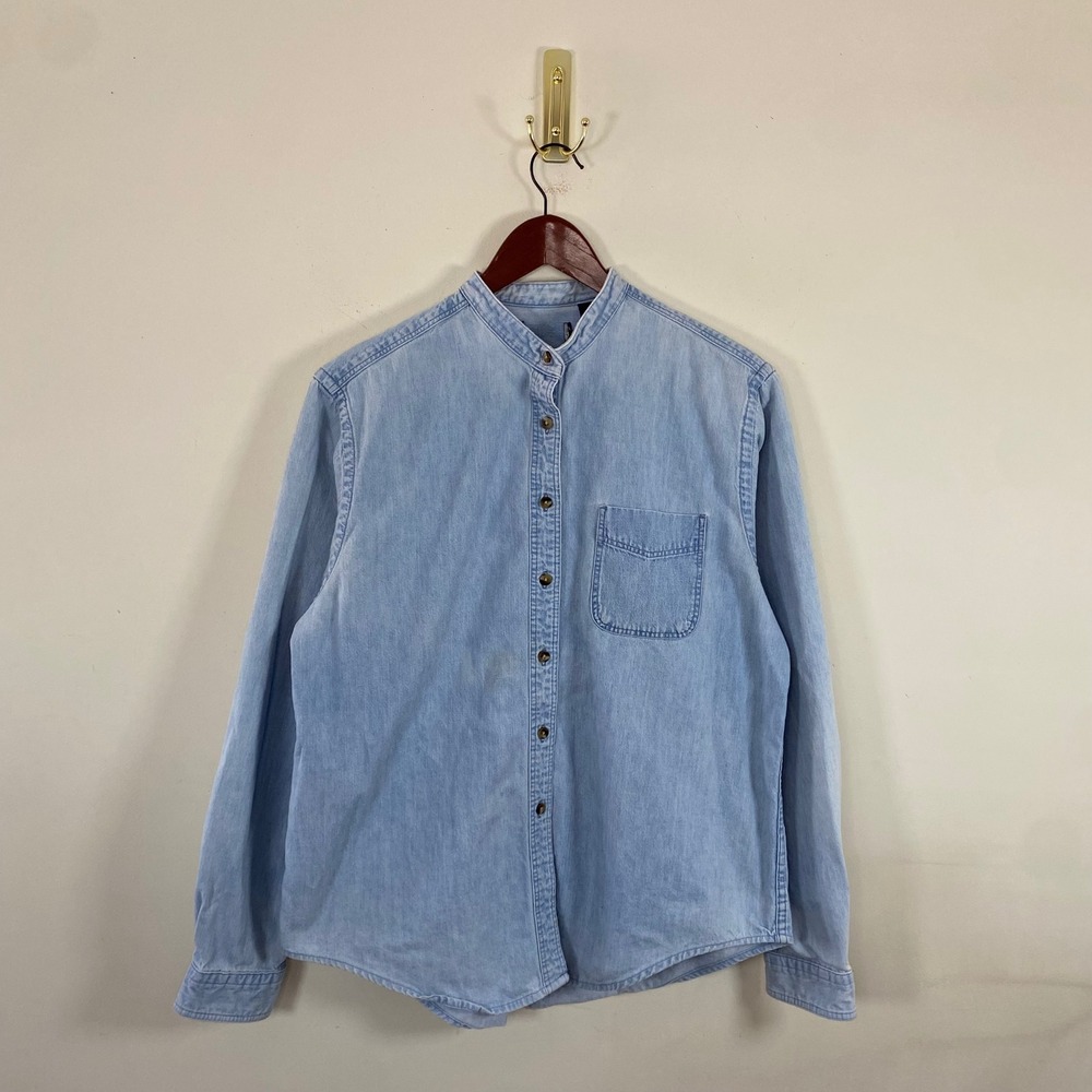 Denim Collarless Button Up Shirt Size Large Cotton Light Wash Streetwear
